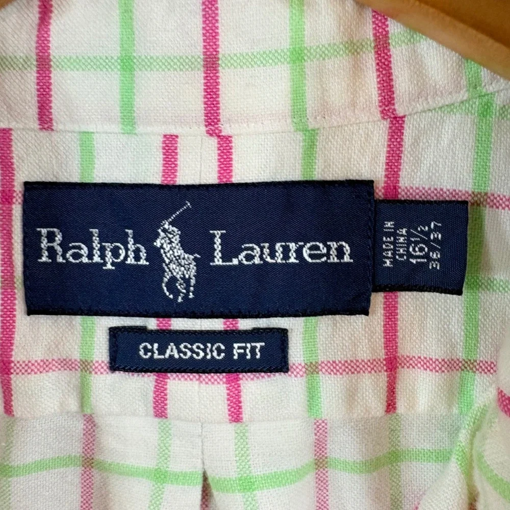 Polo‎ Ralph Lauren Mens 16.5 LG Classic Fit Pastel Shirt Pink Green Check Easter